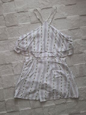 White Halter Neck Floral Stripe Ruffle Romper